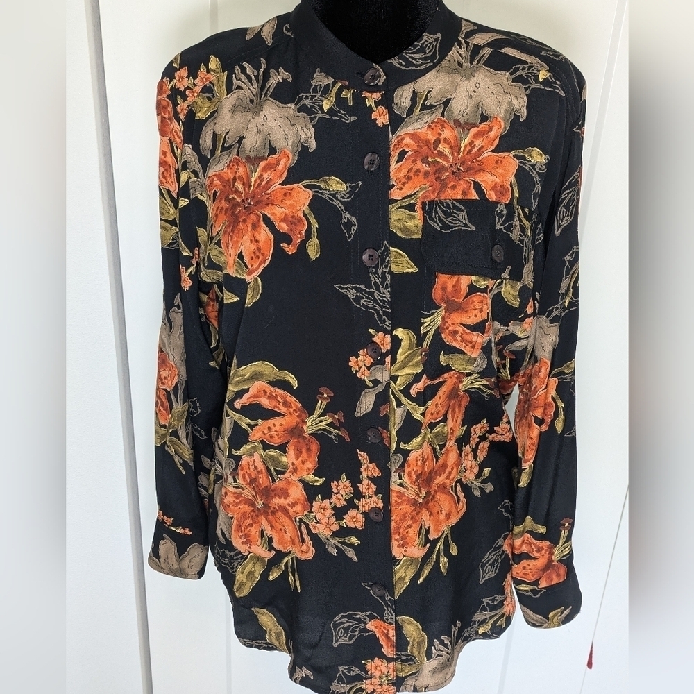 Vintage Caroline Little Women Floral Mandarin Collar Button Down Tunic Shirt Sz6 - Picture 3 of 12